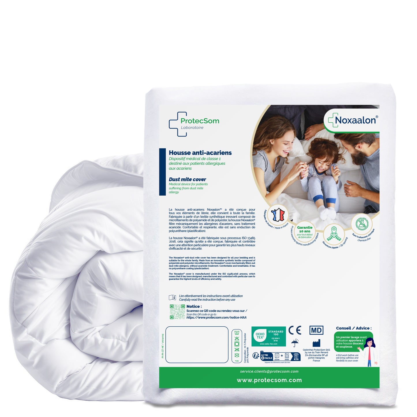 ProtecSom Noxaalon dust mite barrier duvet cover packaging with a family scene on a white background