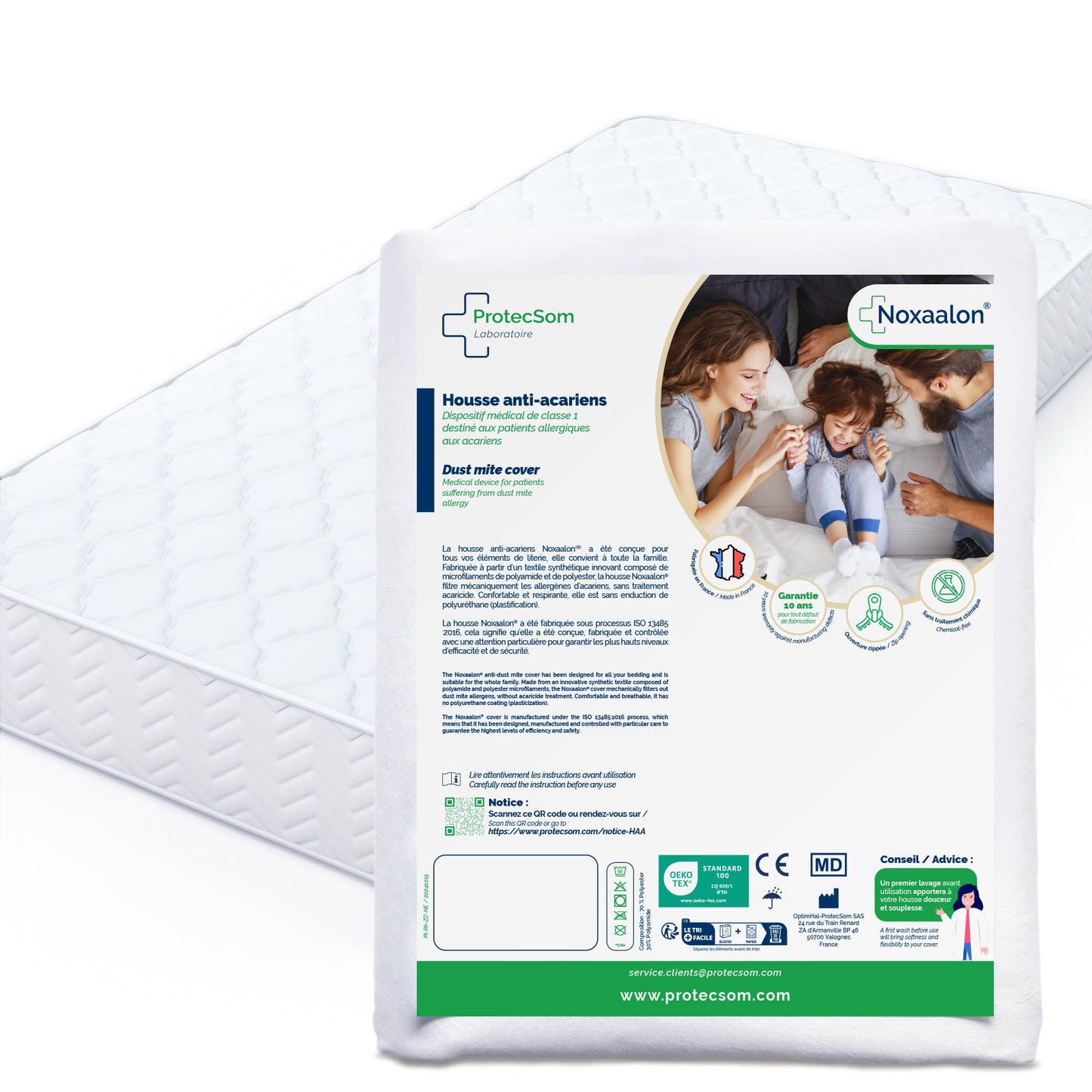 ProtecSom Noxaalon dust mite barrier mattress cover with family photo on packaging