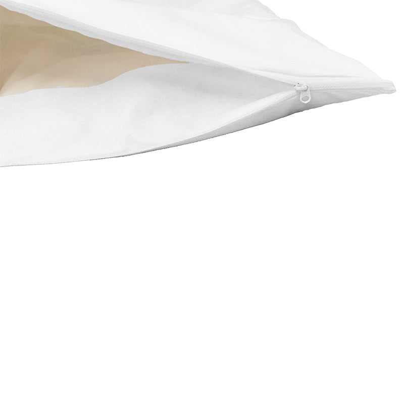 Close-up of zipper flap on dust mite barrier duvet encasement on white background