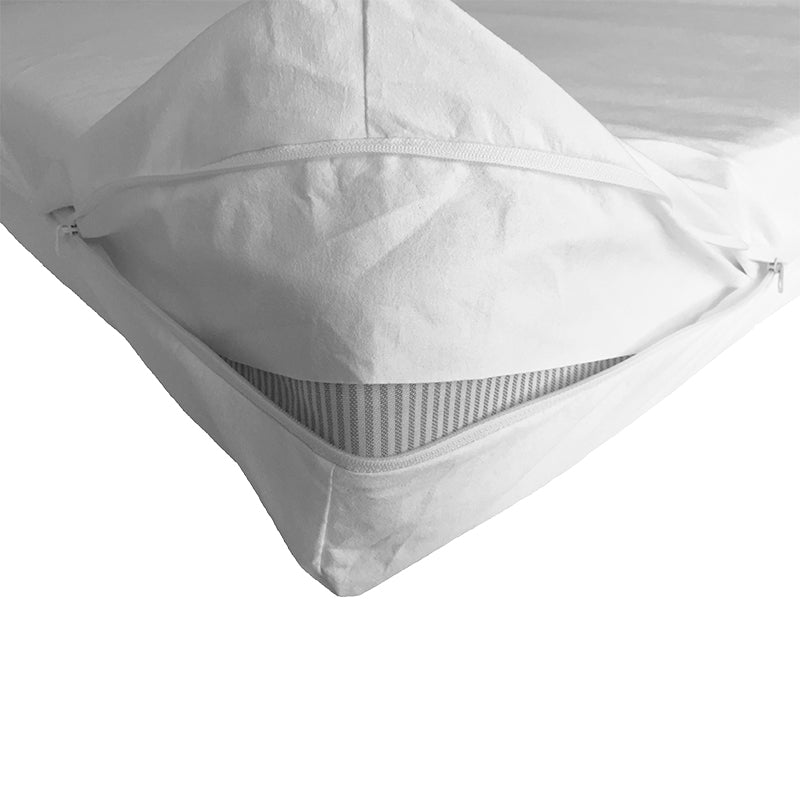 White mattress dust mite barrier protector with zipper on a white background