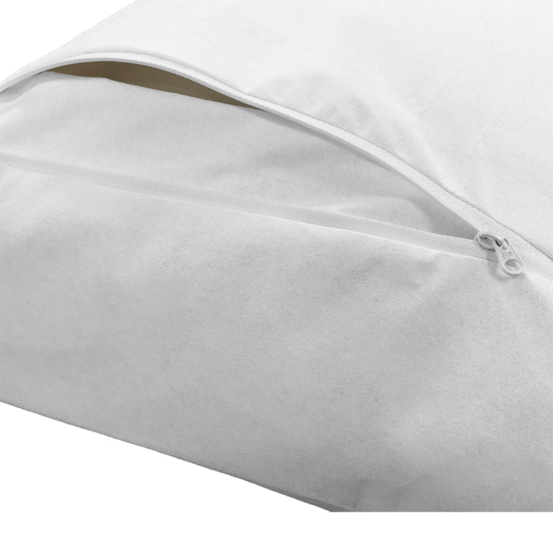 Close-up of a white pillow dust mite barrier with a zipper on a white background
