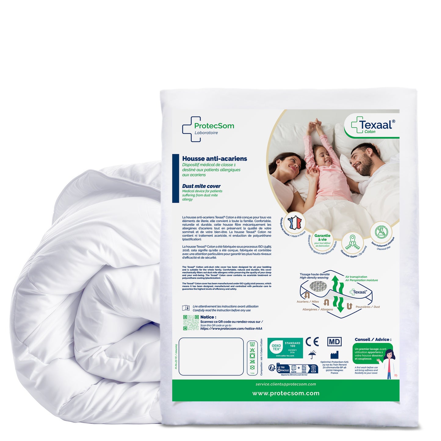 Texaal packaging featuring a family and product details on a white background