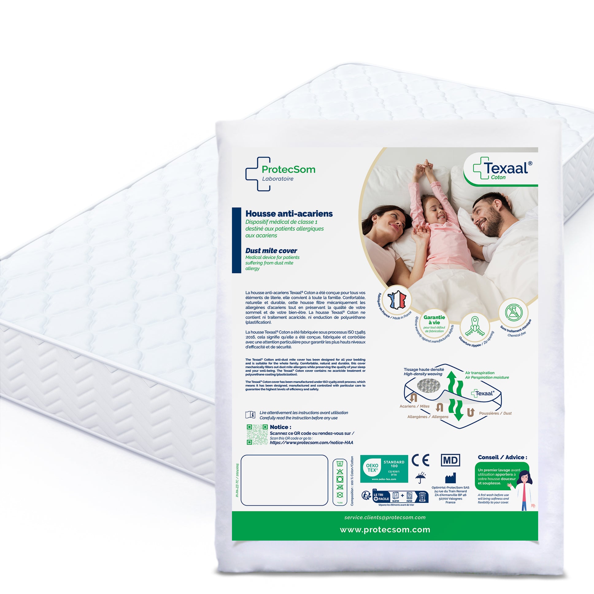 Texaal dustmite mattress cover packaging with family illustration and product details on a white background