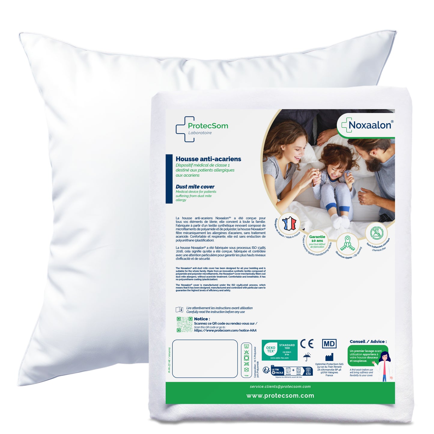 White pillow dust mite barrier with packaging featuring 'protecSom' and 'Noxaalon' branding on a white background.
