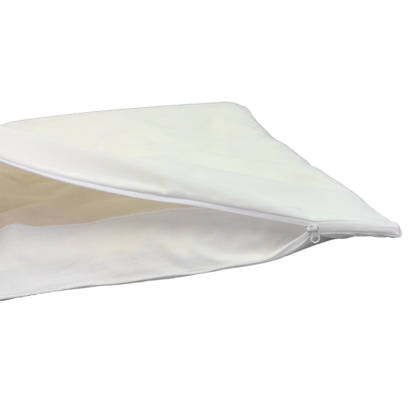 White ProtecSom cotton dust mite barrier pillowcase close-up of zipper flap on a white background