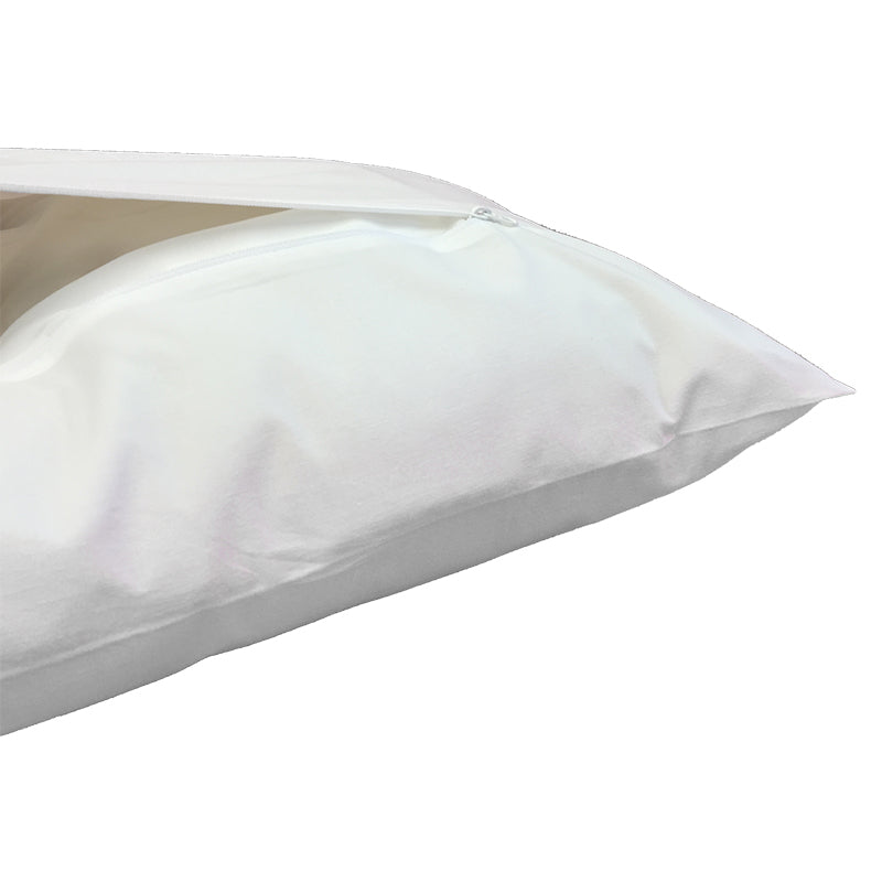 Close-up of zipper flap on cotton dust mite barrier pillow encasement