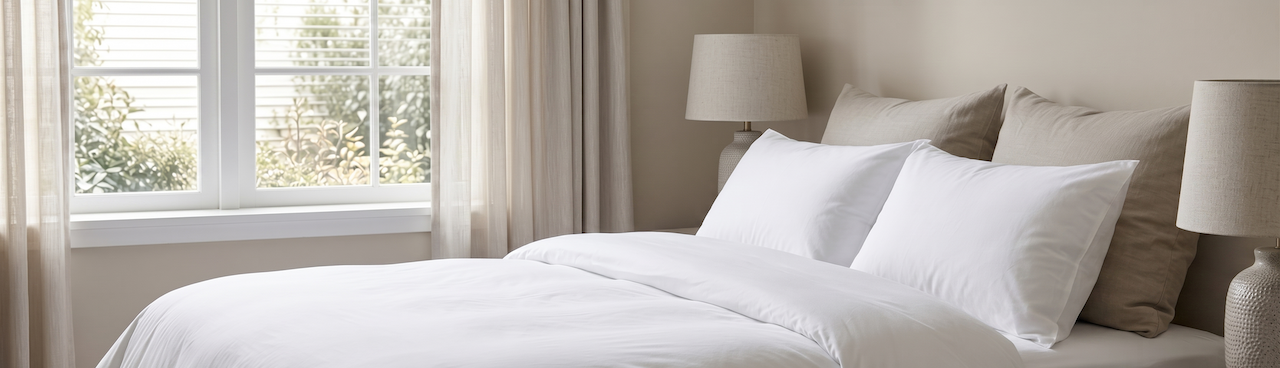 Neatly made bed with white bedding and pillows in a well-lit bedroom.